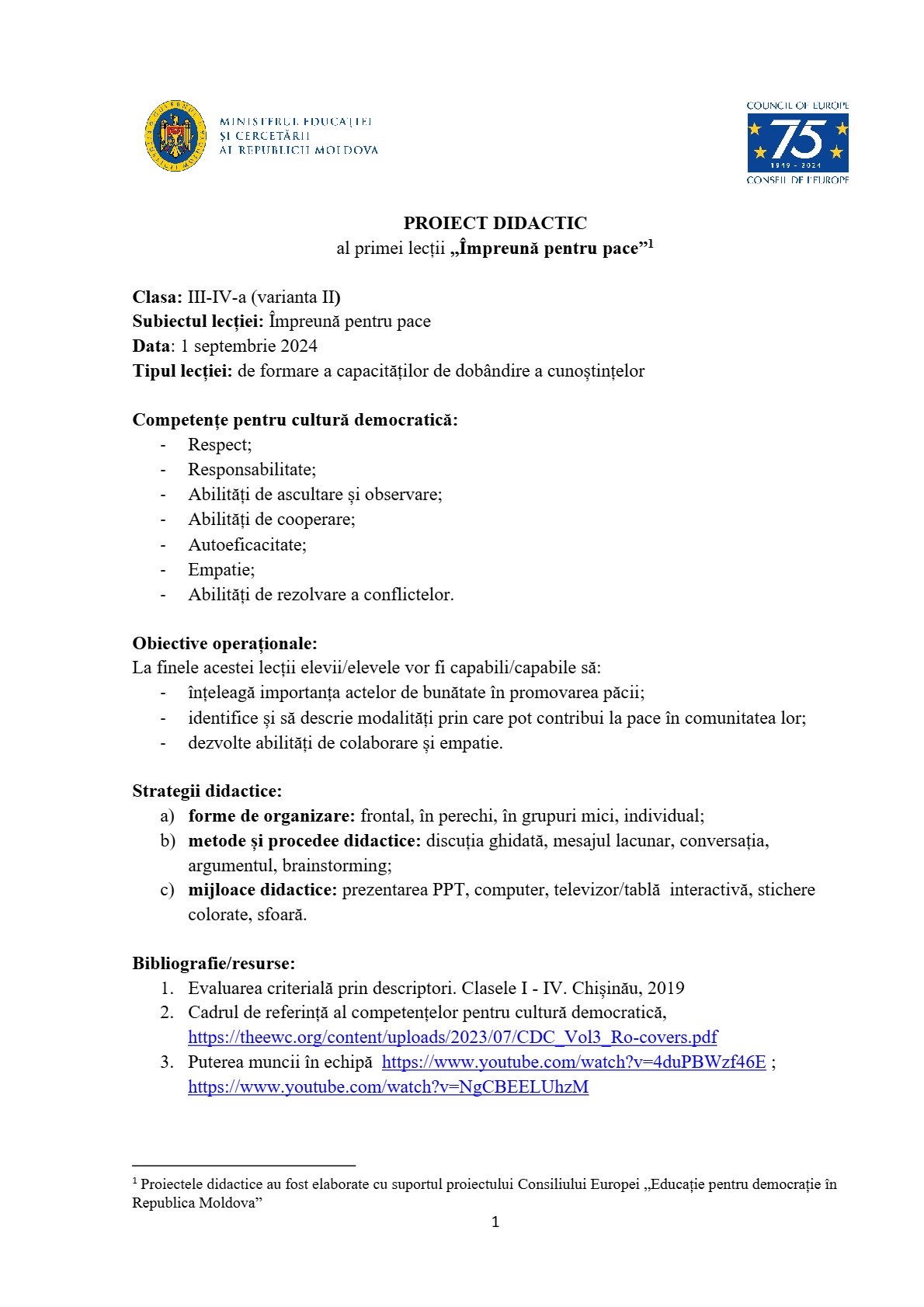 Proiect Didactic - Prima Lecție: Împreună pentru Pace (Clasele III-IV) (V2)